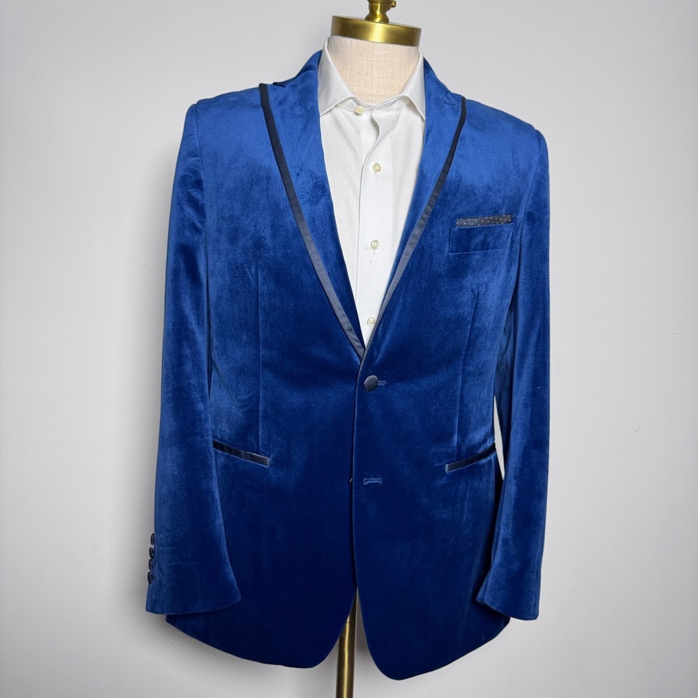 Linea Uomo Blazer Mens 42R Blue Solid Velvet Notched Lapel Single Button Jacket